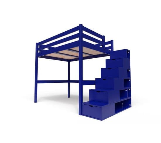 Lit Mezzanine Sylvia Avec Escalier Cube Bois, Couleur: Bleu Foncé, Dimensions: 140x200