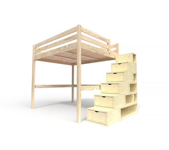 Lit Mezzanine Sylvia Avec Escalier Cube Bois, Couleur: Vernis Naturel, Dimensions: 160x200