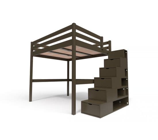 Lit Mezzanine Sylvia Avec Escalier Cube Bois, Couleur: Wengé, Dimensions: 160x200