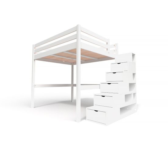 Lit Mezzanine Sylvia Avec Escalier Cube Bois, Couleur: Blanc, Dimensions: 160x200