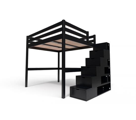 Lit Mezzanine Sylvia Avec Escalier Cube Bois, Couleur: Noir, Dimensions: 160x200