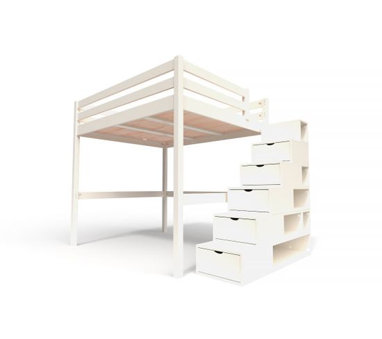 Lit Mezzanine Sylvia Avec Escalier Cube Bois, Couleur: Ivoire, Dimensions: 160x200