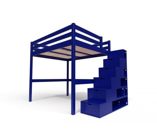 Lit Mezzanine Sylvia Avec Escalier Cube Bois, Couleur: Bleu Foncé, Dimensions: 160x200