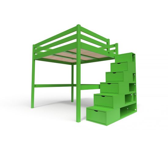 Lit Mezzanine Sylvia Avec Escalier Cube Bois, Couleur: Vert, Dimensions: 160x200
