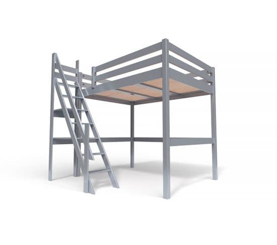 Lit Mezzanine Sylvia Avec Escalier De Meunier Bois, Couleur: Gris Aluminium, Dimensions: 140x200