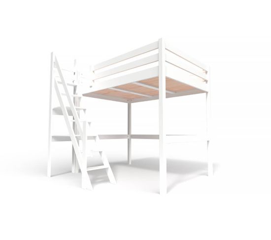 Lit Mezzanine Sylvia Avec Escalier De Meunier Bois, Couleur: Blanc, Dimensions: 140x200