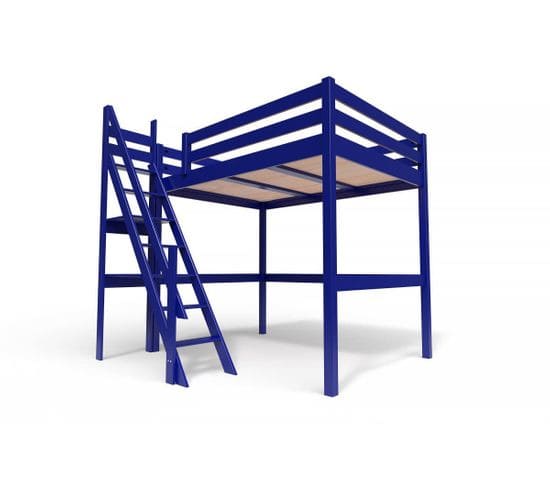Lit Mezzanine Sylvia Avec Escalier De Meunier Bois, Couleur: Bleu Foncé, Dimensions: 140x200