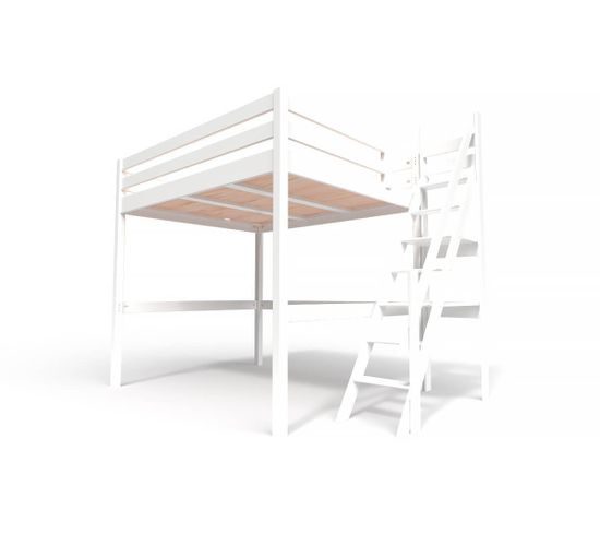 Lit Mezzanine Sylvia Avec Escalier De Meunier Bois, Couleur: Blanc, Dimensions: 160x200