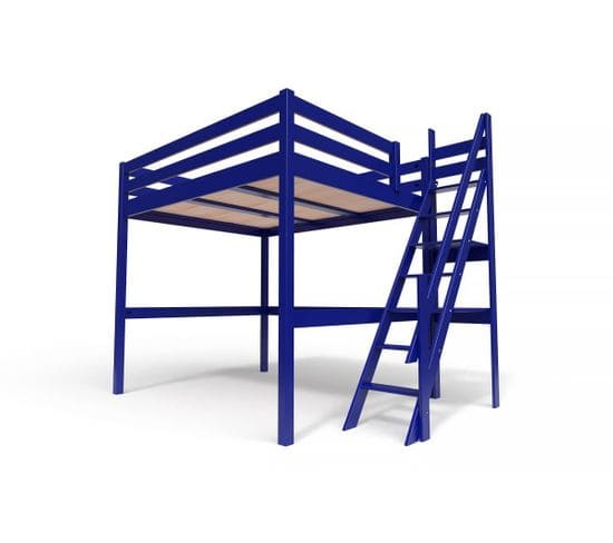 Lit Mezzanine Sylvia Avec Escalier De Meunier Bois, Couleur: Bleu Foncé, Dimensions: 160x200