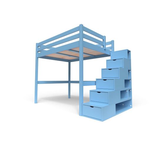 Lit Mezzanine Sylvia Avec Escalier Cube Bois, Couleur: Bleu Pastel, Dimensions: 140x200