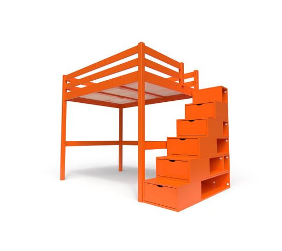 Lit Mezzanine Sylvia Avec Escalier Cube Bois, Couleur: Orange, Dimensions: 140x200
