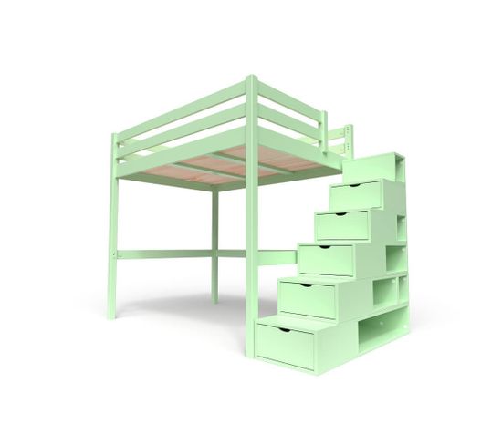 Lit Mezzanine Sylvia Avec Escalier Cube Bois, Couleur: Vert Pastel, Dimensions: 140x200