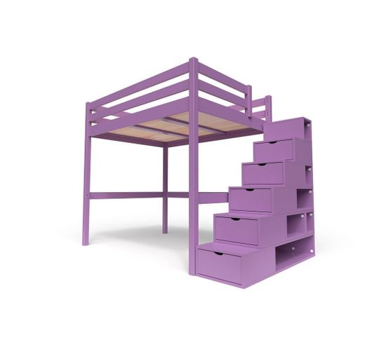 Lit Mezzanine Sylvia Avec Escalier Cube Bois, Couleur: Lilas, Dimensions: 140x200