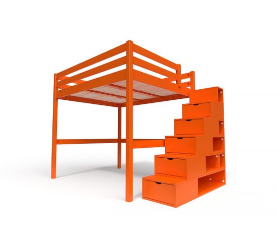 Lit Mezzanine Sylvia Avec Escalier Cube Bois, Couleur: Orange, Dimensions: 160x200