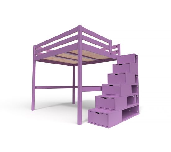 Lit Mezzanine Sylvia Avec Escalier Cube Bois, Couleur: Lilas, Dimensions: 160x200