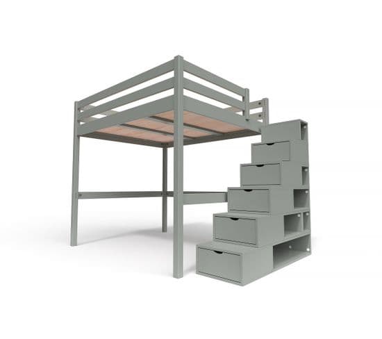 Lit Mezzanine Sylvia Avec Escalier Cube Bois, Couleur: Gris, Dimensions: 160x200