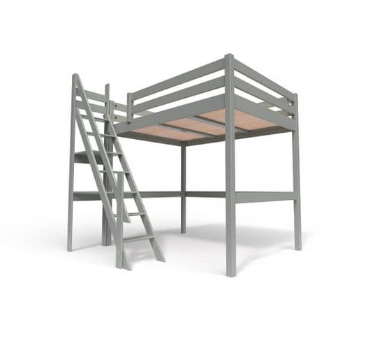 Lit Mezzanine Sylvia Avec Escalier De Meunier Bois, Couleur: Gris, Dimensions: 140x200