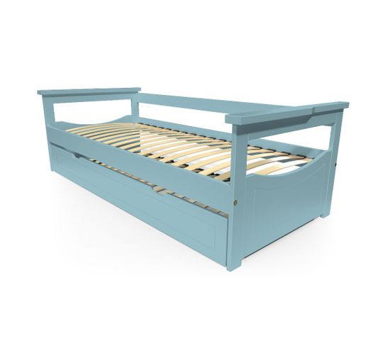 Lit Gigogne Topaze Pin Massif, Couleur: Bleu Pastel, Dimensions: 90x190