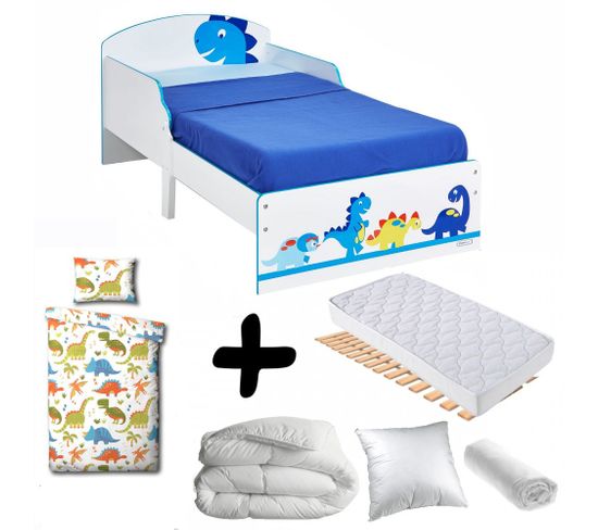 Pack Complet Premium  Lit Enfant Dinosaure : Lit + Matelas Et Parure + Couette + Oreiller