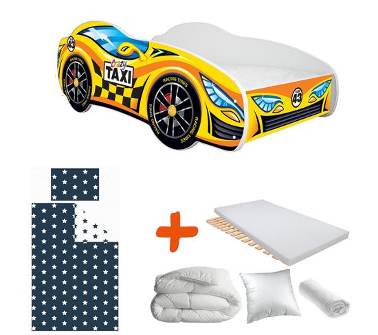 Pack Complet Lit Enfant Voiture Racing Taxi Jaune : Lit + Matelas + Parure + Couette + Oreiller