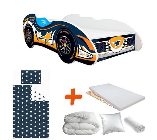 Pack Complet Lit Enfant Voiture Formule 1 Motif Bestar : Lit + Matelas + Parure + Couette + Oreiller