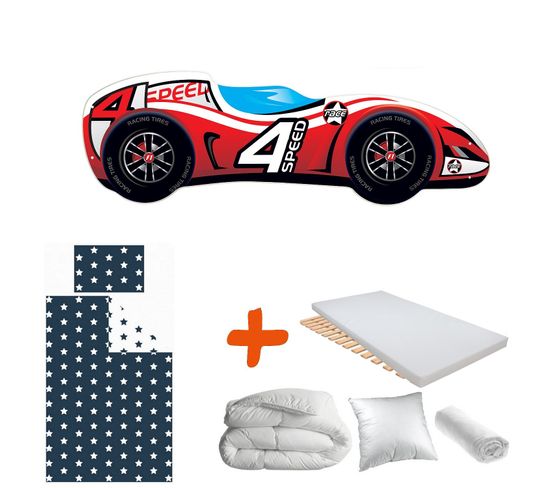 Pack Complet Lit Enfant Voiture Formule 1 Motif 4speed : Lit + Matelas + Parure + Couette + Oreiller