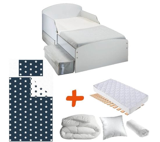 Pack Complet Premium Lit Blanc Tiroirs Garçon : Sommier + Matelas + Parure + Couette + Oreiller