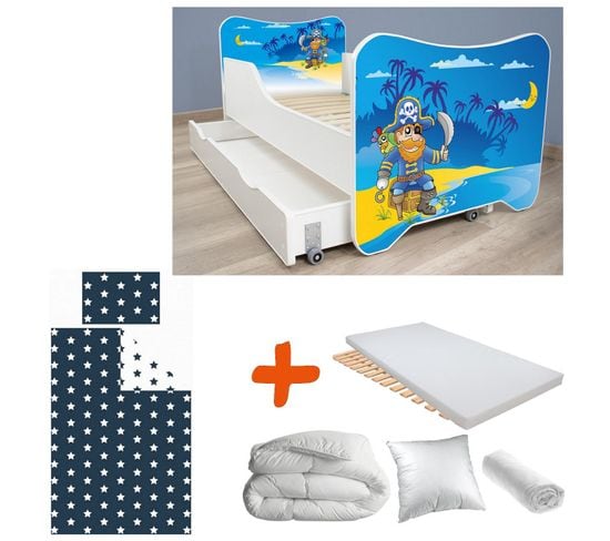 Pack Complet Lit Pirate : Sommier + Tiroir + Matelas Et Parure + Couette + Oreiller