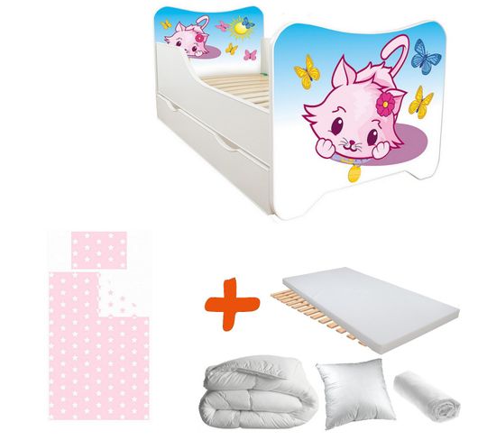 Pack Complet Lit Chat : Sommier + Tiroir De Rangement + Matelas Et Parure + Couette + Oreiller