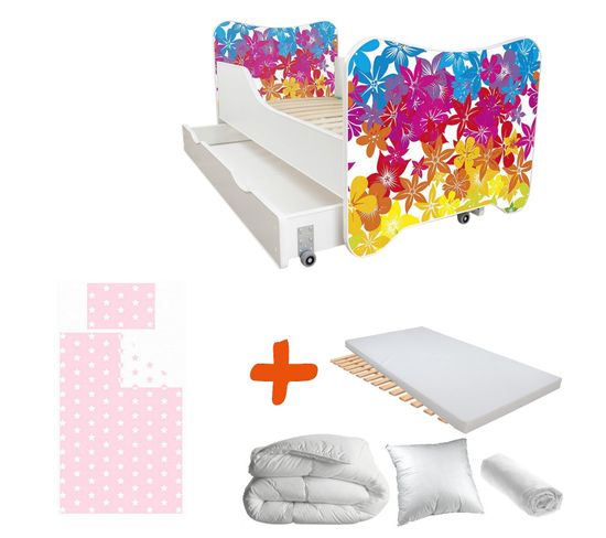 Pack Complet Lit Fleur : Sommier + Tiroir De Rangement + Matelas et Parure + Couette + Oreiller