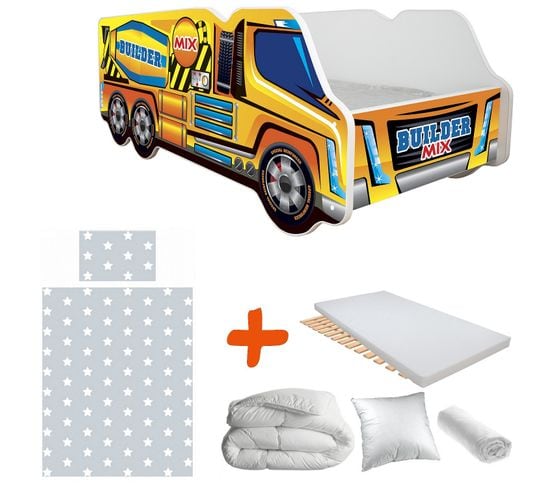 Pack Complet Camion Modèle Malaxeur Jaune : Lit + Sommier + Matelas + Parure + Couette + Oreiller