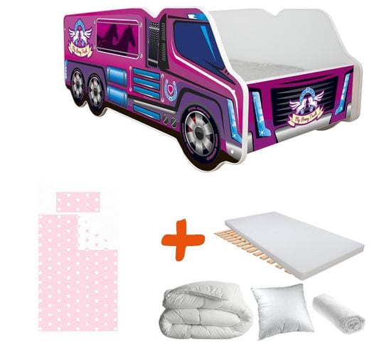 Pack Complet Lit Camion Poney Rose : Lit + Sommier + Matelas + Parure + Couette + Oreiller