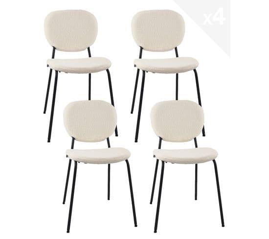 Lot 4 Chaises Salle à Manger Tissu Bouclette Teddy Blanc Rembourré Pieds Métal Noir MADA (blanc)