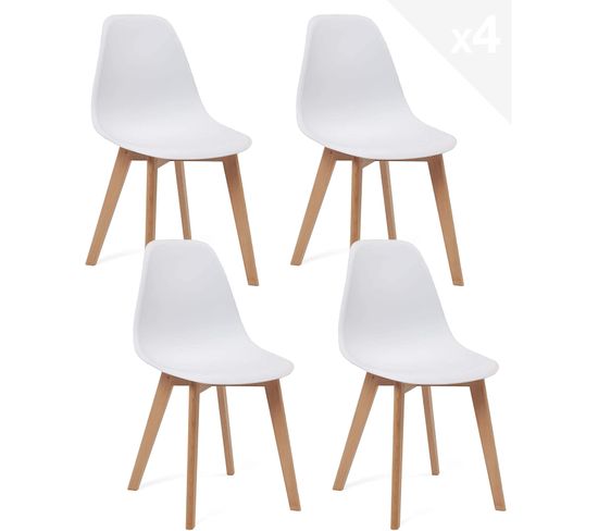 Lot 4 Chaises De Cuisine Scandinaves Siège Plastique Souple Pieds Bois NAO (blanc)