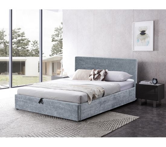 Lit coffre 140x190 cm avec sommier SYLA en velours côtelé bleu gris