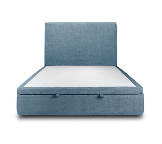 Lit Coffre 140x190cm Avec Tête De Lit Tapissier Tissu Bleu - Hauteur Totale : 39cm