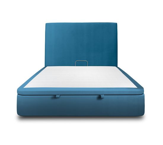 Lit Coffre 200x200cm Avec Tête De Lit Tapissier Velours Bleu - Hauteur Totale : 39cm