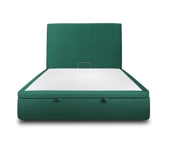 Lit Coffre 160x200cm Avec Tête De Lit Tapissier Velours Vert - Hauteur Totale : 39cm