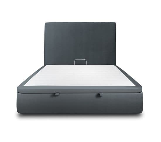 Lit Coffre 200x200cm Avec Tête De Lit Tapissier Velours Gris Anthracite - Hauteur Totale : 39cm