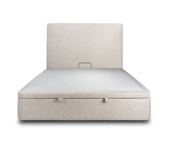 Lit Coffre 200x200cm Avec Tête De Lit Tapissier Bouclette Beige - Hauteur Totale : 39cm