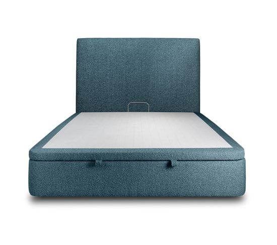 Lit Coffre 140x190cm Avec Tête De Lit Tapissier Bouclette Bleu - Hauteur Totale : 39cm