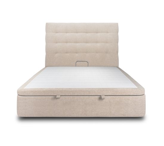 Lit Coffre 200x200cm Avec Tête De Lit Capitonnee Tissu Beige Brun - Hauteur Totale : 39cm