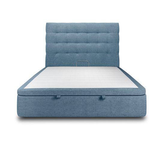 Lit Coffre 200x200cm Avec Tête De Lit Capitonnee Tissu Bleu - Hauteur Totale : 39cm