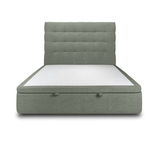 Lit Coffre 200x200cm Avec Tête De Lit Capitonnee Tissu Vert - Hauteur Totale : 39cm