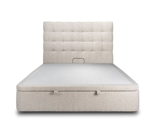 Lit Coffre 140x190cm Avec Tête De Lit Capitonnee Bouclette Beige - Hauteur Totale : 39cm