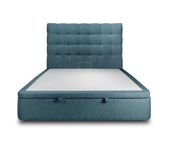 Lit Coffre 140x190cm Avec Tête De Lit Capitonnee Bouclette Bleu - Hauteur Totale : 39cm