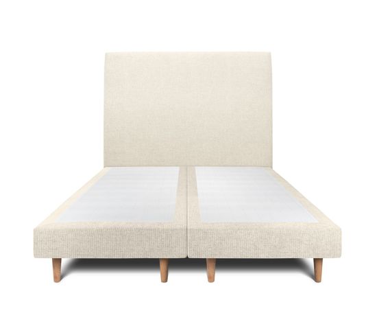 Lit 180x200cm Avec Tête De Lit Tapissier Tissu Et Double Sommier Tapissier Beige Clair Hauteur Total