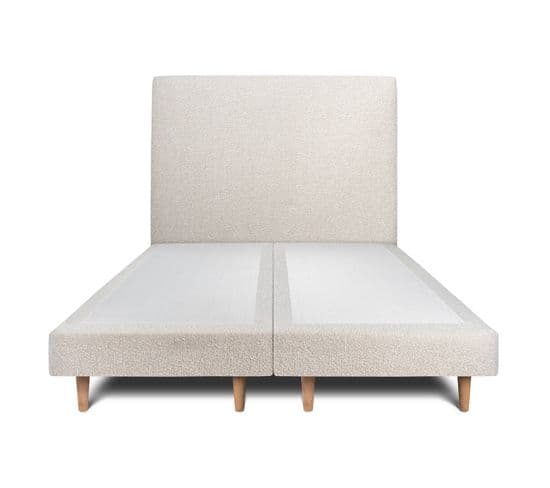 Lit 160x200cm Avec Tête De Lit Tapissier Bouclette Et Double Sommier Tapissier Beige