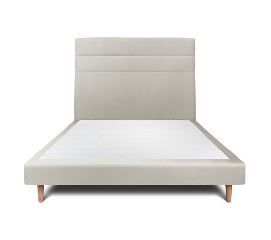 Lit 140x190cm Avec Tête De Lit Lignes Velours Et Sommier Tapissier Taupe