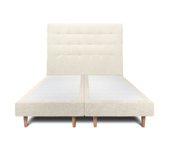 Lit 200x200cm Avec Tête De Lit Capitonnee Tissu Et Double Sommier Tapissier Beige Clair